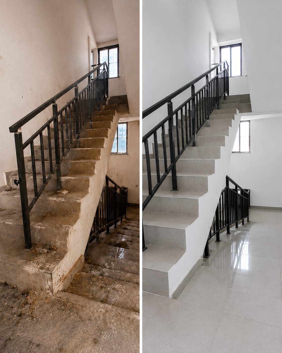 Before and after: renovation staircase cleared of builders dust and debris, tiled and handover-ready