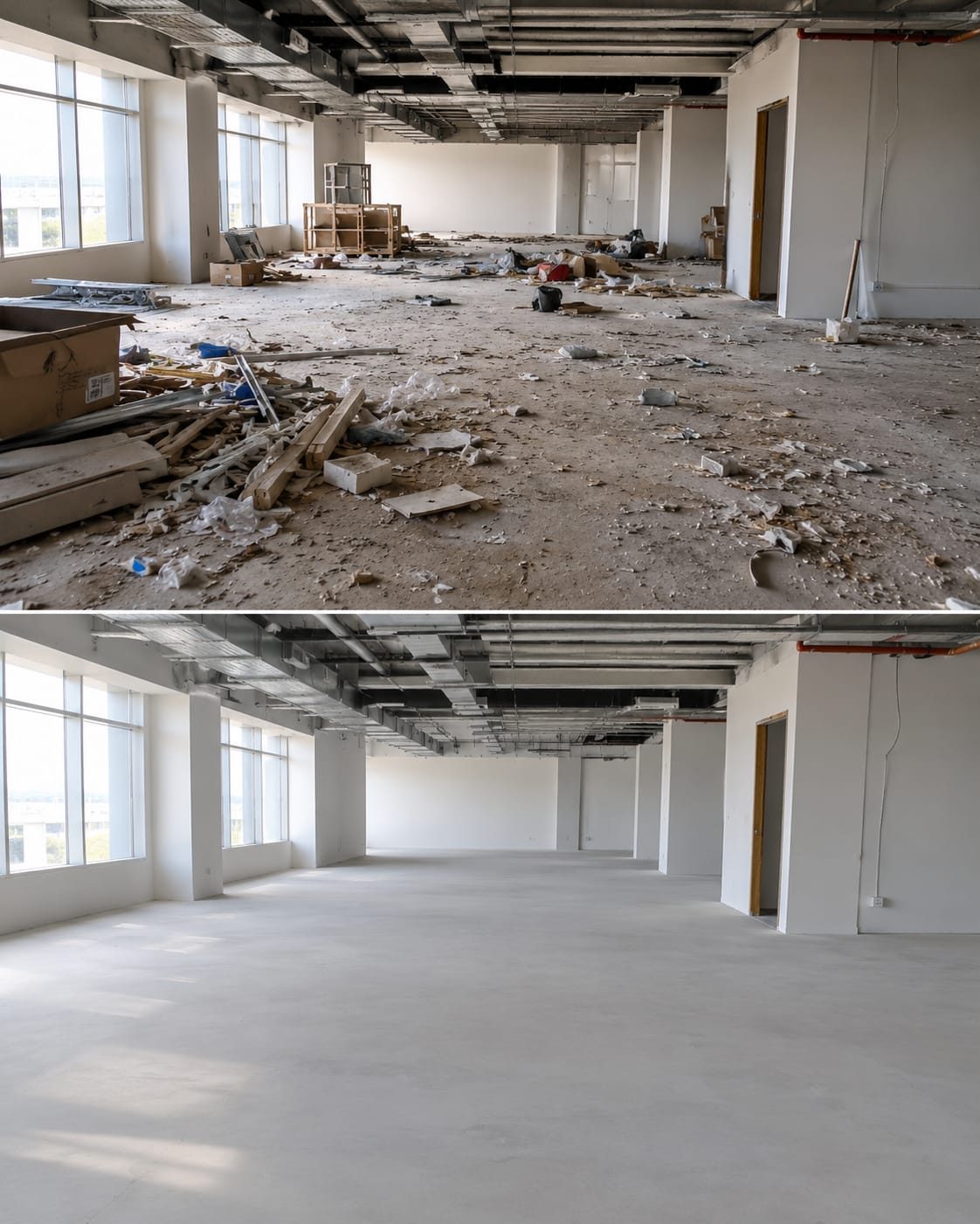Before and after: commercial floor builders clean, debris and packaging removed, floor swept and sealed