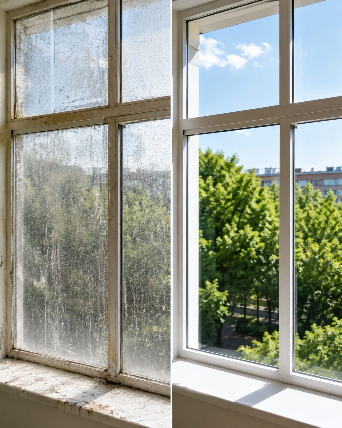 Before and after: window glass and frames cleaned streak-free with sills wiped down