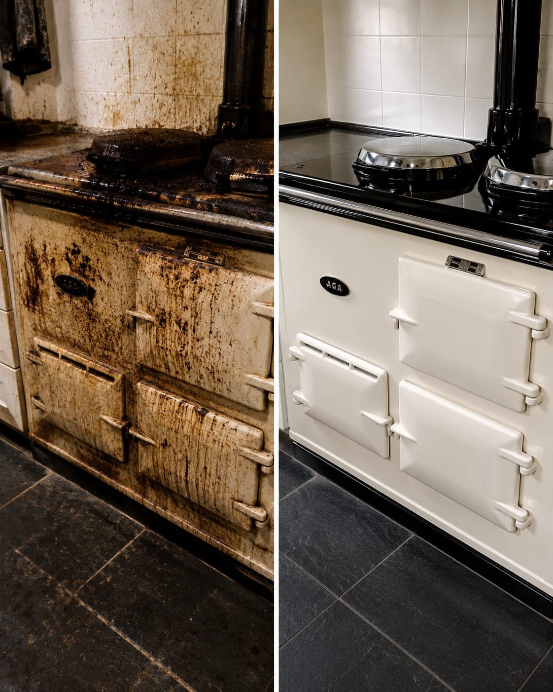 Before and after: range cooker deep clean, baked-on grease removed back to a showroom finish
